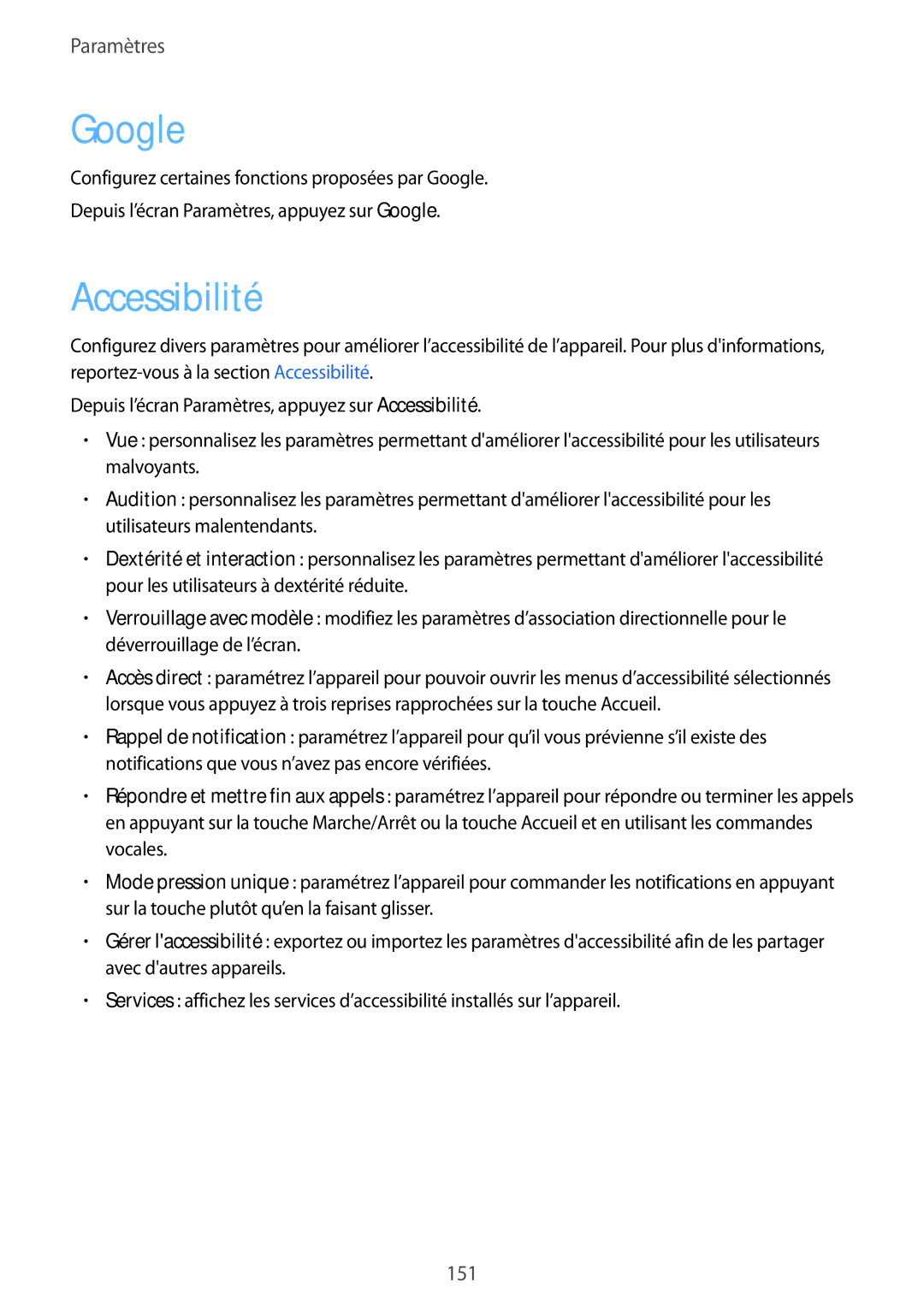 Samsung SM-A520FZIAXEF, SM-A520FZBAXEF, SM-A520FZDAXEF, SM-A520FZKAXEF manual Google, Accessibilité 