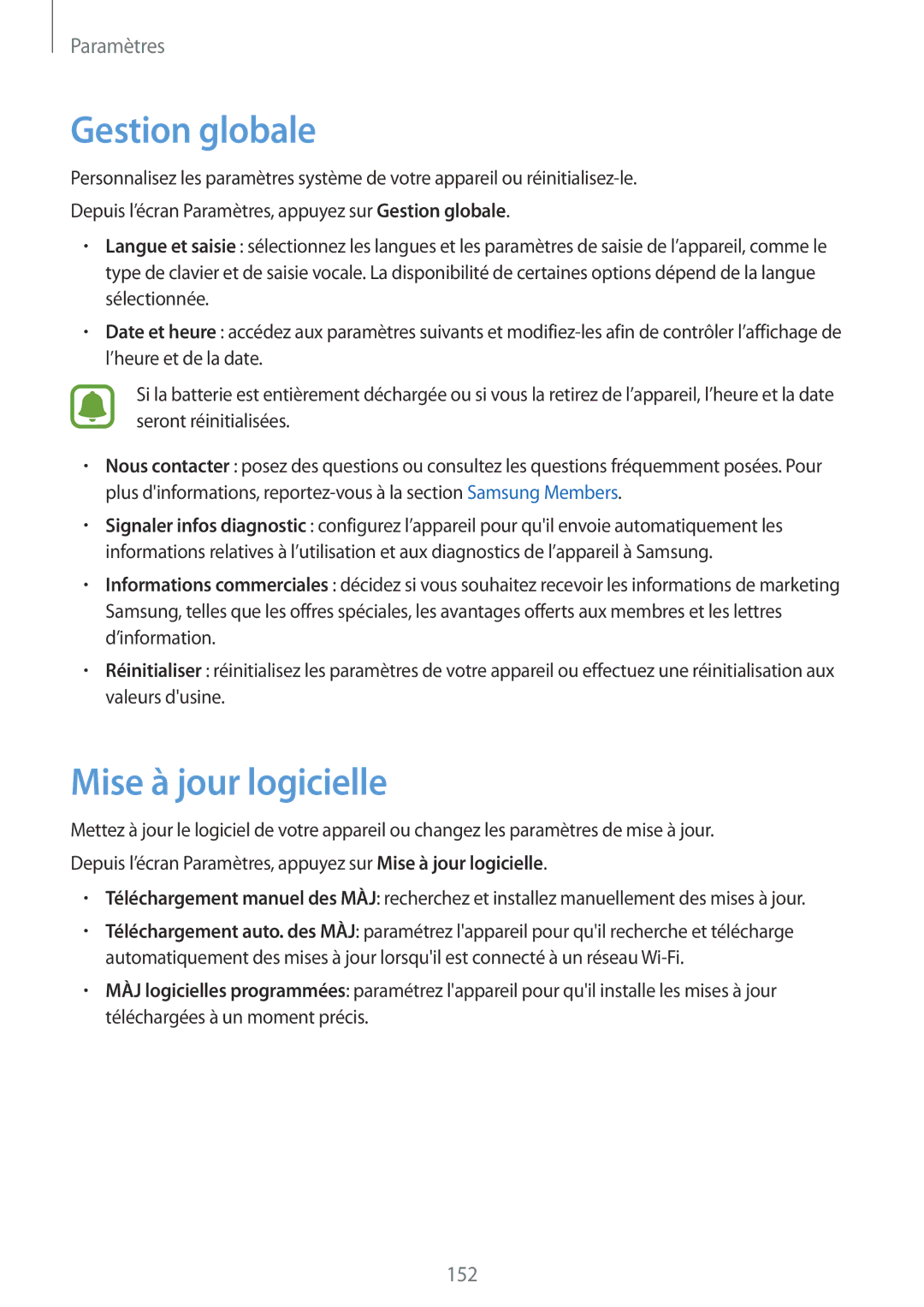 Samsung SM-A520FZBAXEF, SM-A520FZDAXEF, SM-A520FZKAXEF, SM-A520FZIAXEF manual Gestion globale, Mise à jour logicielle 