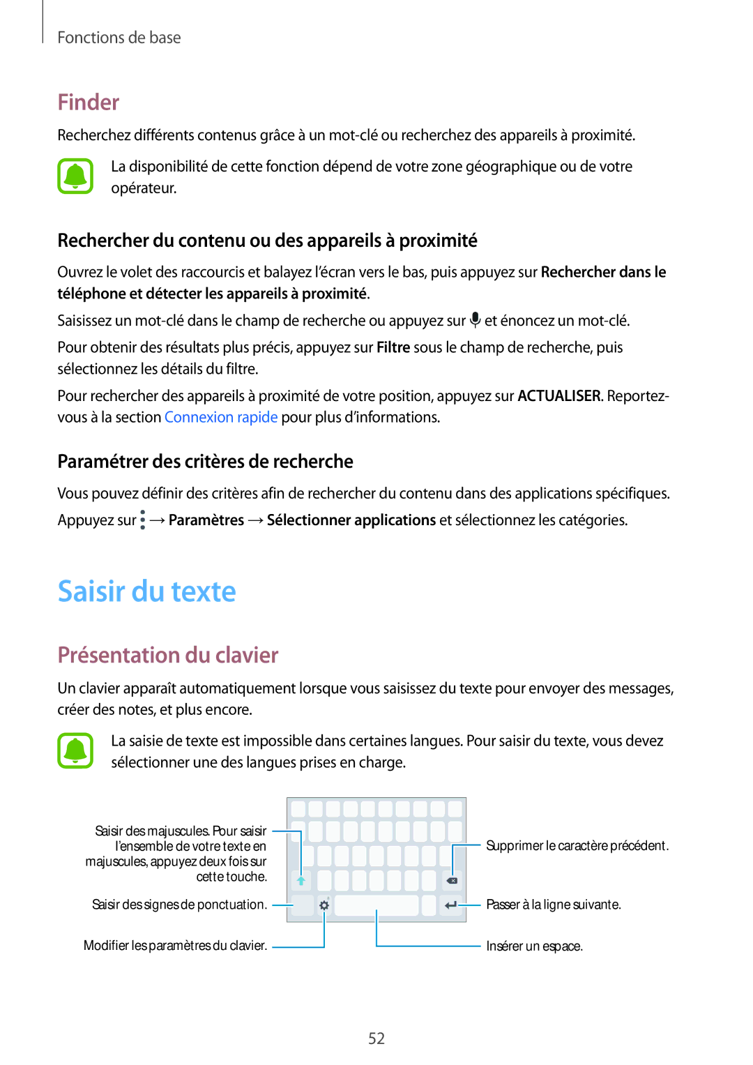 Samsung SM-A520FZBAXEF manual Saisir du texte, Finder, Présentation du clavier, Paramétrer des critères de recherche 