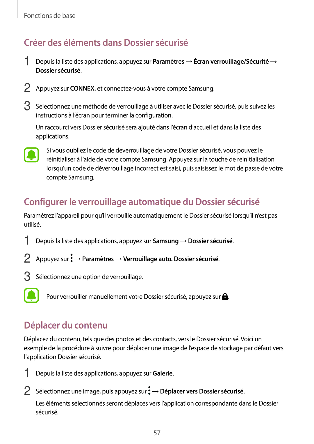 Samsung SM-A520FZDAXEF, SM-A520FZBAXEF, SM-A520FZKAXEF manual Créer des éléments dans Dossier sécurisé, Déplacer du contenu 