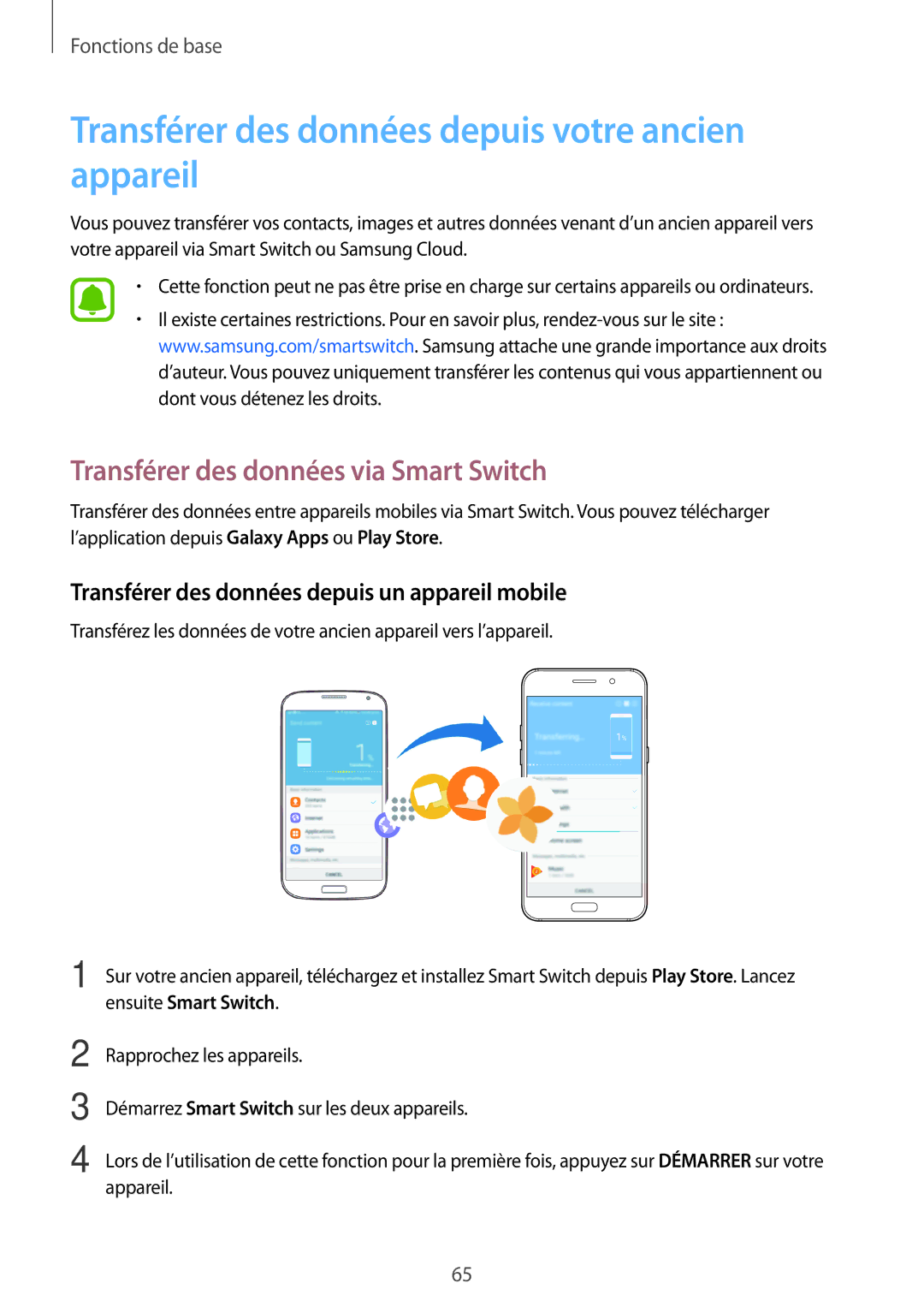 Samsung SM-A520FZDAXEF manual Transférer des données depuis votre ancien appareil, Transférer des données via Smart Switch 