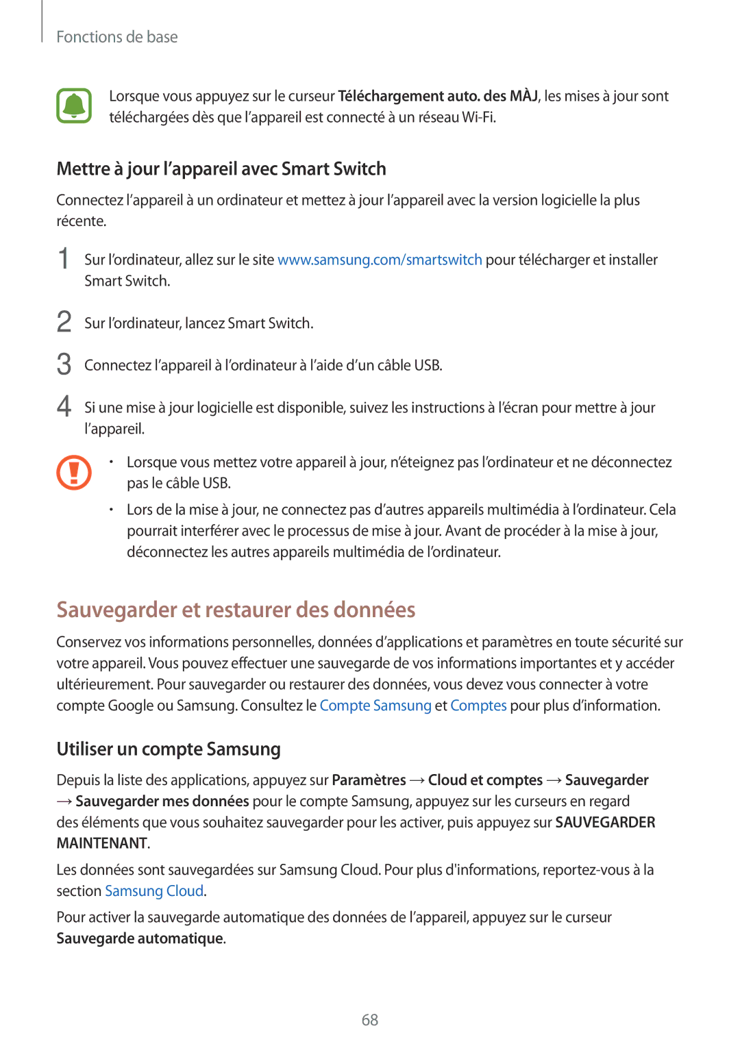 Samsung SM-A520FZBAXEF, SM-A520FZDAXEF Sauvegarder et restaurer des données, Mettre à jour l’appareil avec Smart Switch 