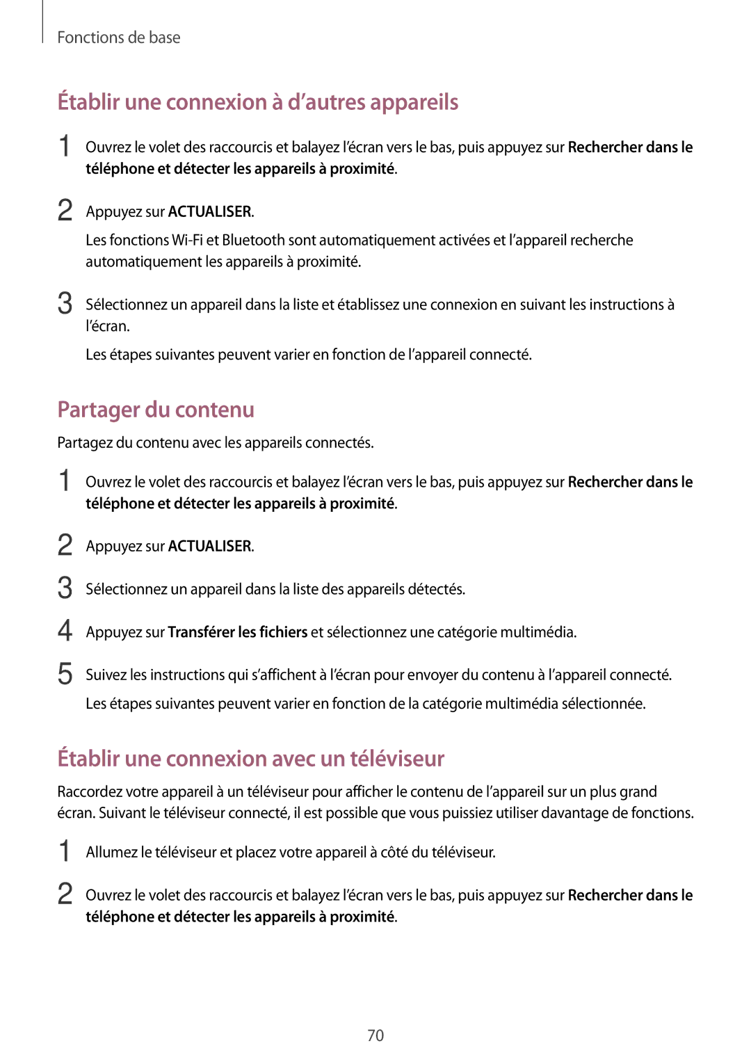 Samsung SM-A520FZKAXEF, SM-A520FZBAXEF, SM-A520FZDAXEF manual Établir une connexion à d’autres appareils, Partager du contenu 