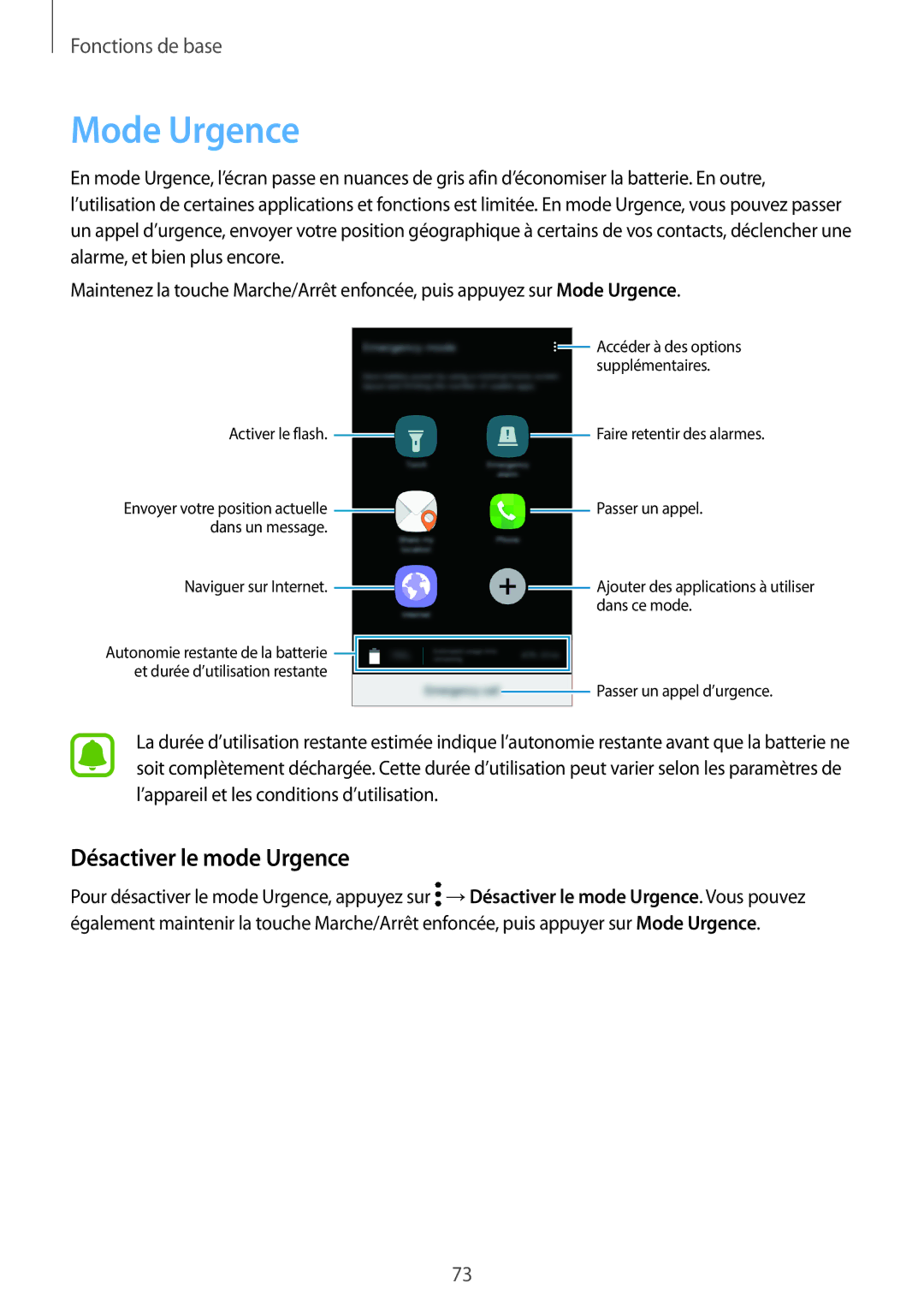 Samsung SM-A520FZDAXEF, SM-A520FZBAXEF, SM-A520FZKAXEF, SM-A520FZIAXEF manual Mode Urgence, Désactiver le mode Urgence 