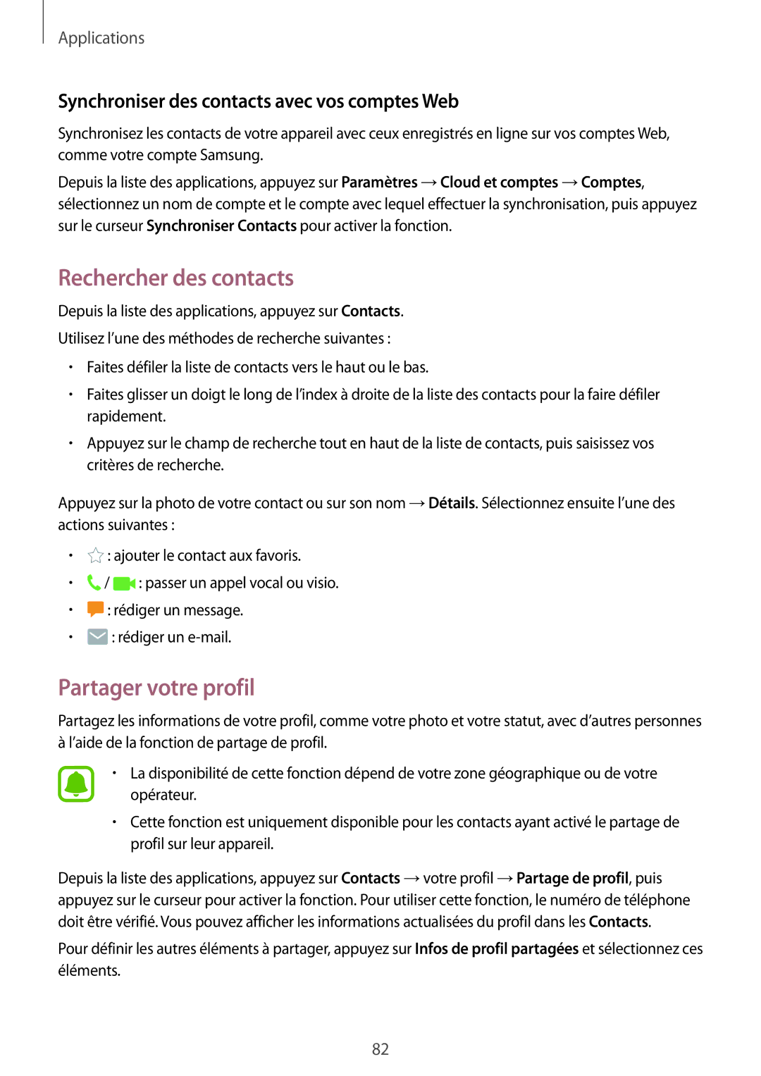 Samsung SM-A520FZKAXEF Rechercher des contacts, Partager votre profil, Synchroniser des contacts avec vos comptes Web 