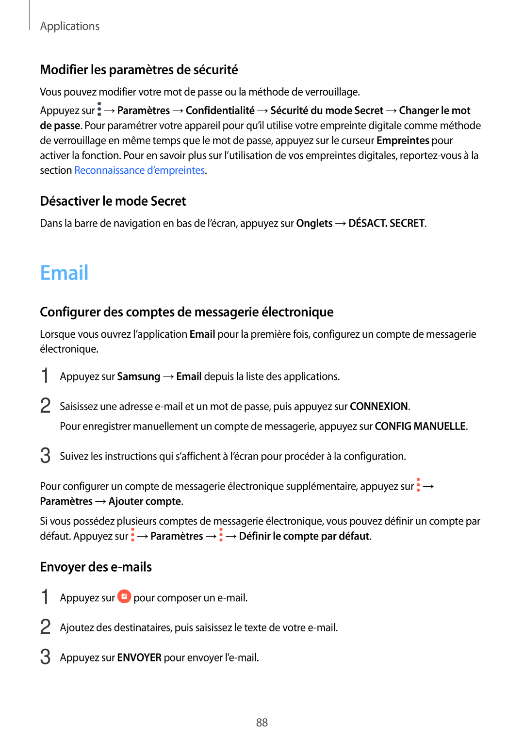 Samsung SM-A520FZBAXEF, SM-A520FZDAXEF Modifier les paramètres de sécurité, Désactiver le mode Secret, Envoyer des e-mails 
