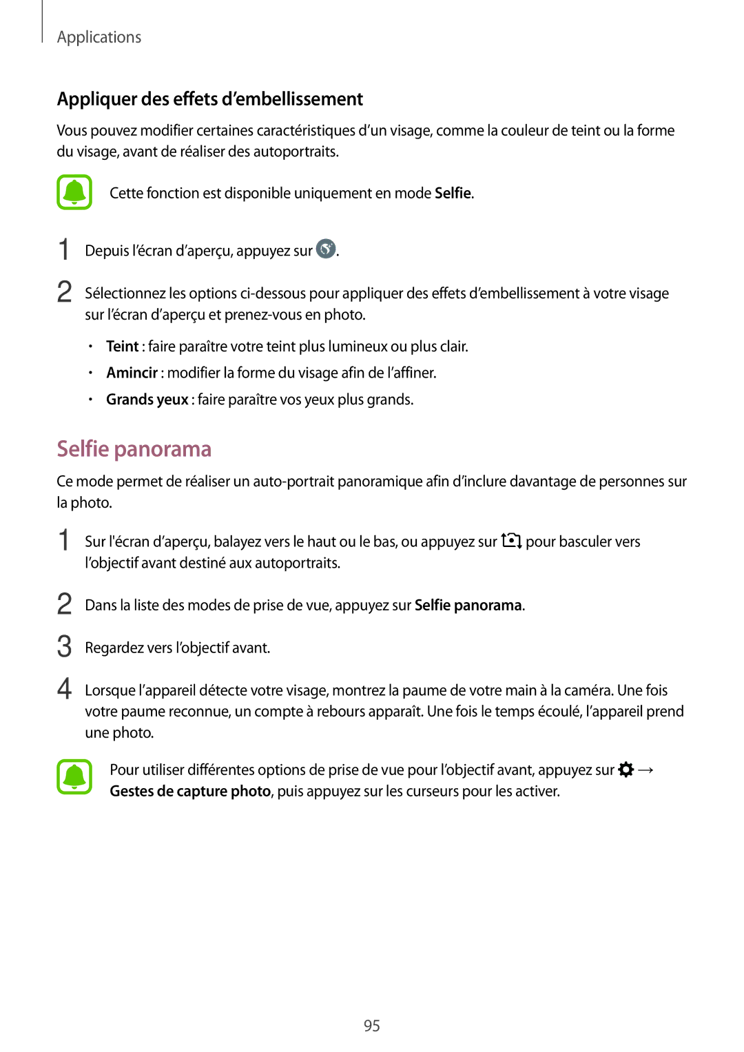 Samsung SM-A520FZIAXEF, SM-A520FZBAXEF, SM-A520FZDAXEF manual Selfie panorama, Appliquer des effets d’embellissement 