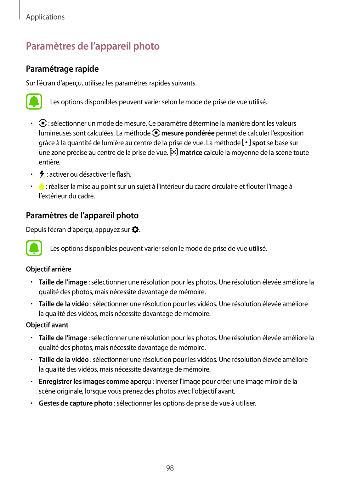 Samsung SM-A520FZKAXEF manual Paramètres de l’appareil photo, Paramétrage rapide, Objectif arrière, Objectif avant 
