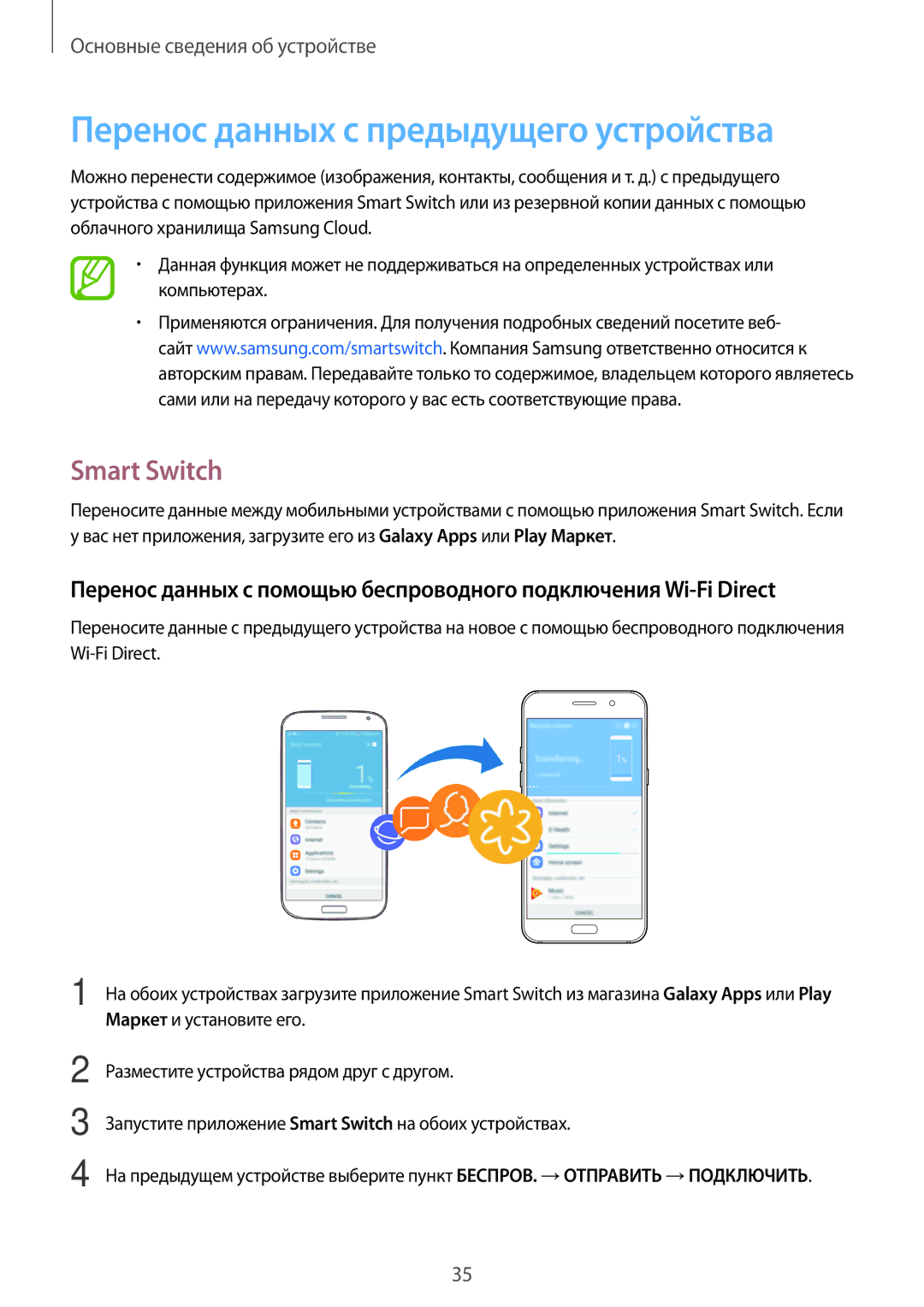 Samsung SM-A520FZKDSER, SM-A520FZBDSER, SM-A320FZKDSER, SM-A520FZDDSER Перенос данных с предыдущего устройства, Smart Switch 