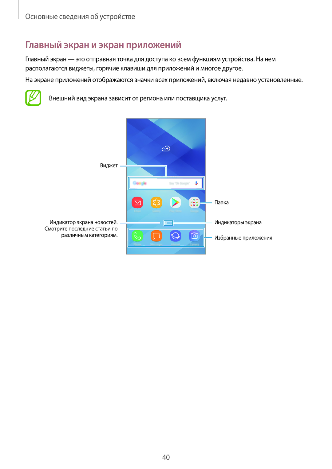 Samsung SM-A720FZDDSER manual Главный экран и экран приложений, Внешний вид экрана зависит от региона или поставщика услуг 