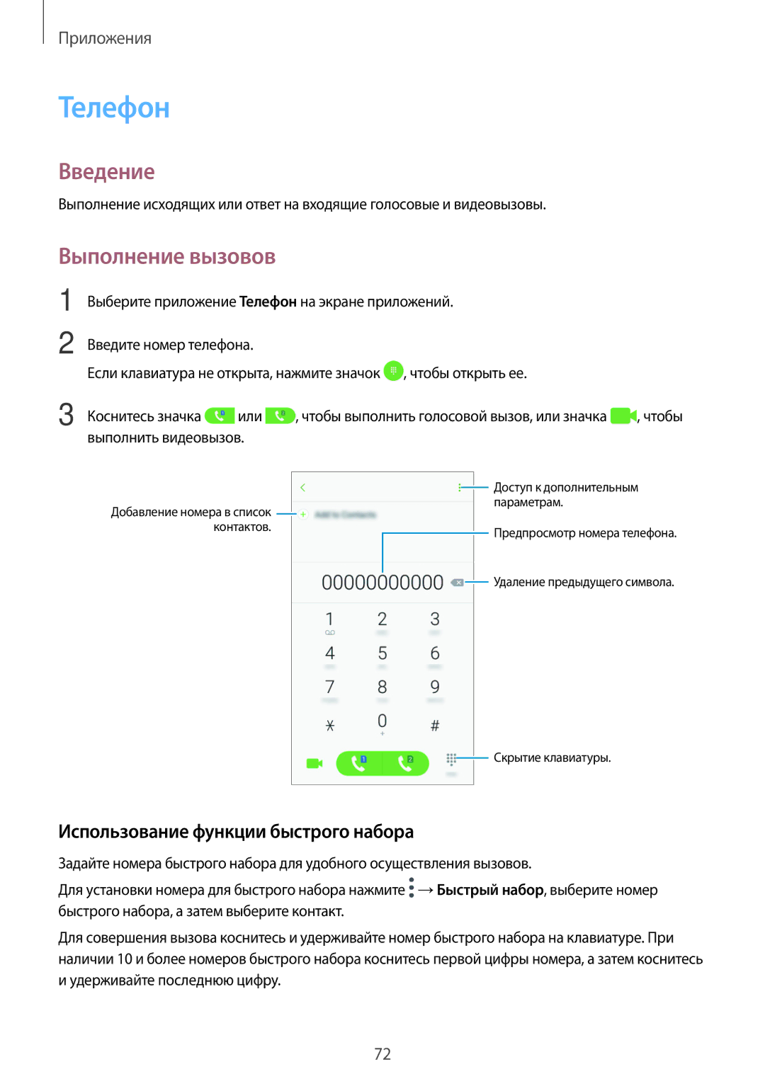 Samsung SM-A520FZBDSER, SM-A520FZDDSER, SM-A720FZBDSER Телефон, Выполнение вызовов, Использование функции быстрого набора 