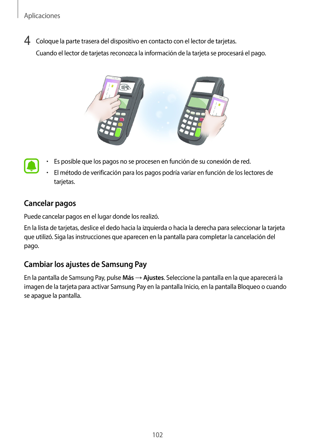 Samsung SM-A520FZIAPHE, SM-A520FZDAPHE, SM-A520FZKAPHE, SM-A520FZBAPHE Cancelar pagos, Cambiar los ajustes de Samsung Pay 