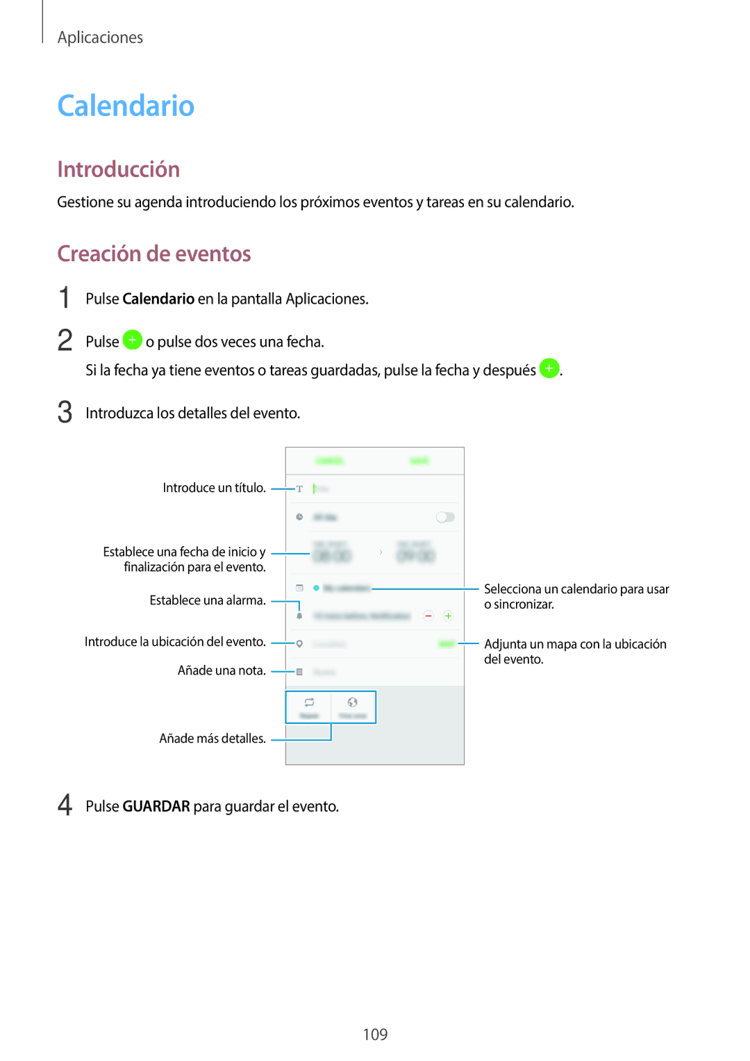 Samsung SM-A520FZKAPHE, SM-A520FZDAPHE, SM-A520FZIAPHE, SM-A520FZBAPHE manual Calendario, Creación de eventos 