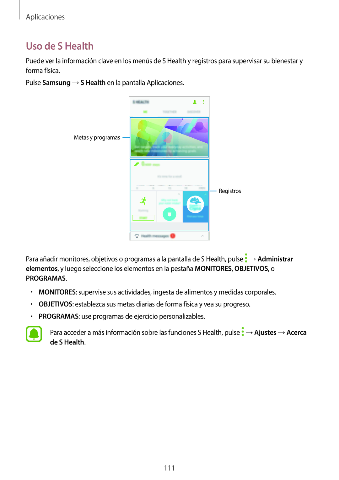 Samsung SM-A520FZBAPHE, SM-A520FZDAPHE, SM-A520FZKAPHE, SM-A520FZIAPHE manual Uso de S Health, Programas 