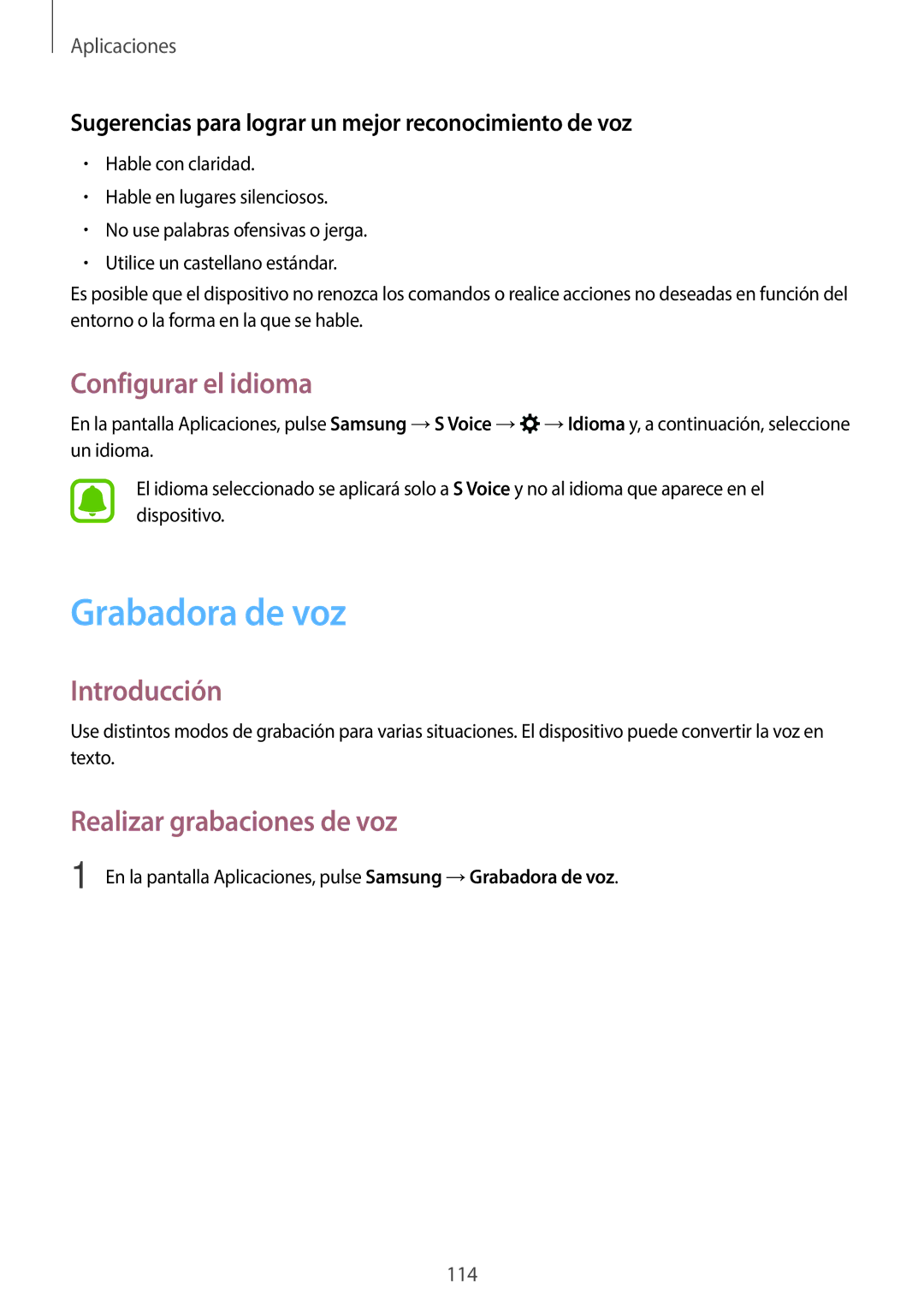 Samsung SM-A520FZIAPHE, SM-A520FZDAPHE, SM-A520FZKAPHE Grabadora de voz, Configurar el idioma, Realizar grabaciones de voz 