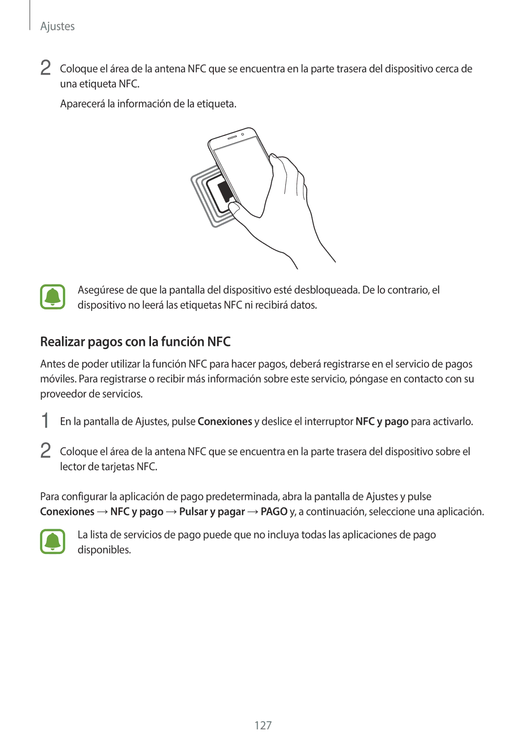 Samsung SM-A520FZBAPHE, SM-A520FZDAPHE, SM-A520FZKAPHE, SM-A520FZIAPHE manual Realizar pagos con la función NFC 