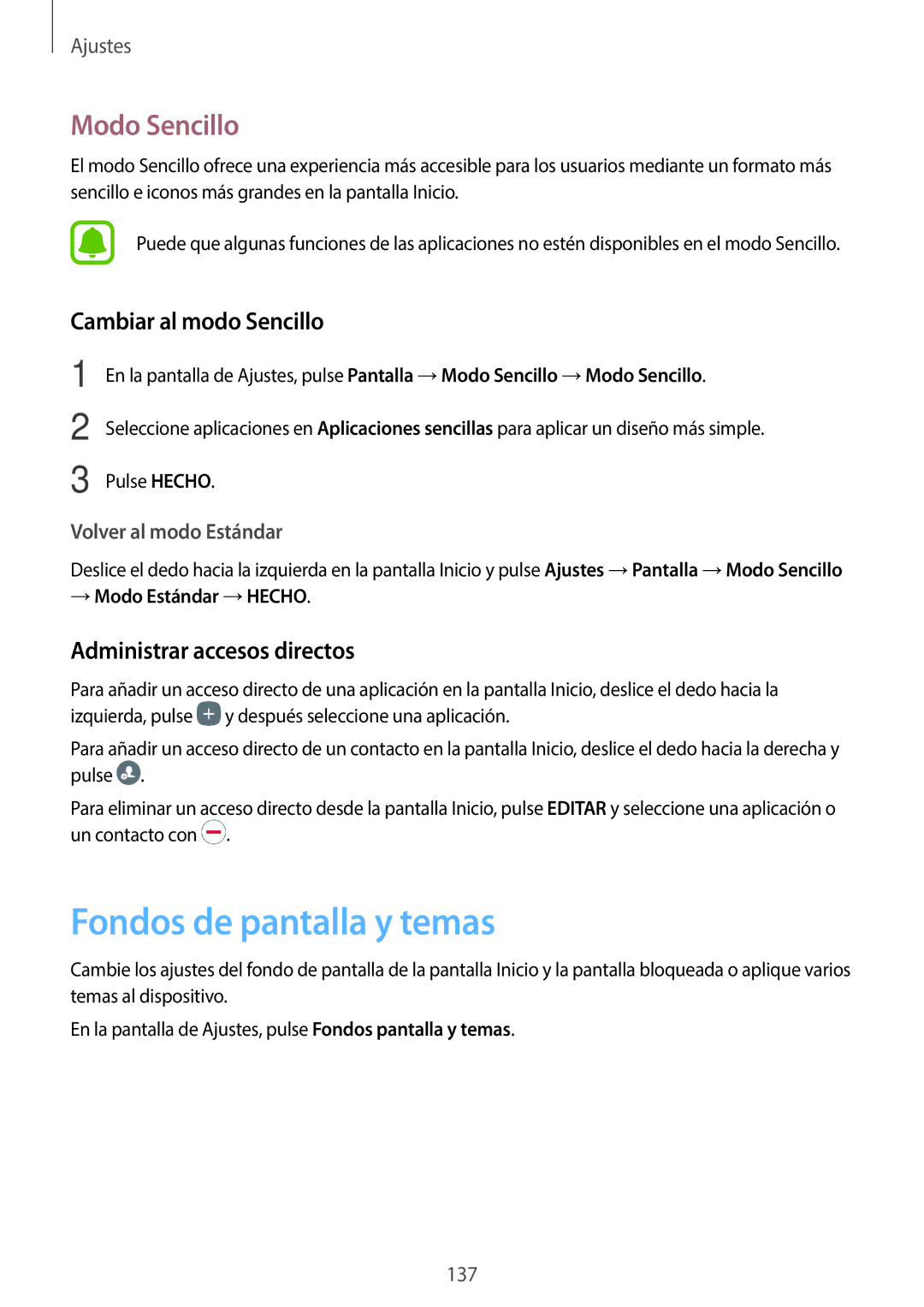 Samsung SM-A520FZKAPHE Fondos de pantalla y temas, Modo Sencillo, Cambiar al modo Sencillo, Administrar accesos directos 