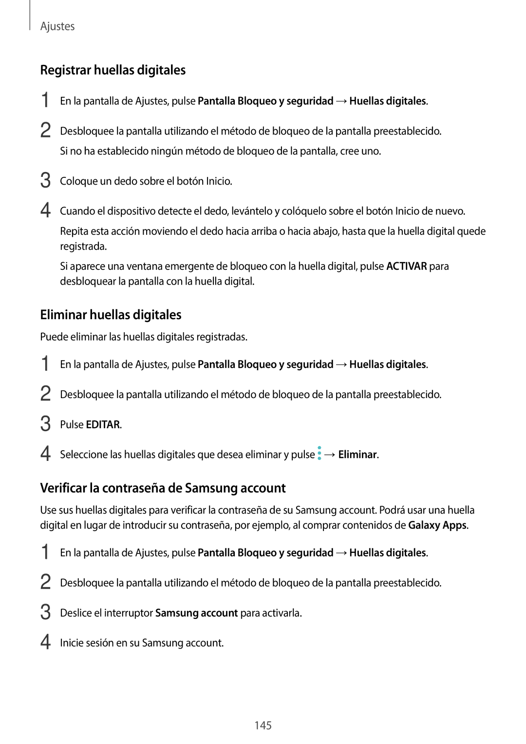 Samsung SM-A520FZKAPHE Registrar huellas digitales, Eliminar huellas digitales, Verificar la contraseña de Samsung account 