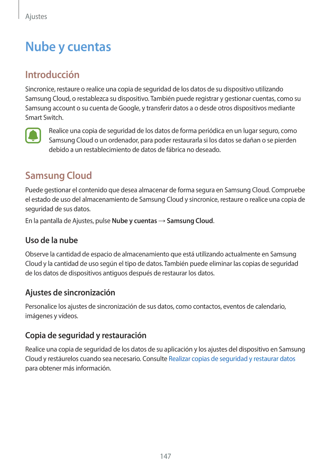 Samsung SM-A520FZBAPHE, SM-A520FZDAPHE manual Nube y cuentas, Samsung Cloud, Uso de la nube, Ajustes de sincronización 