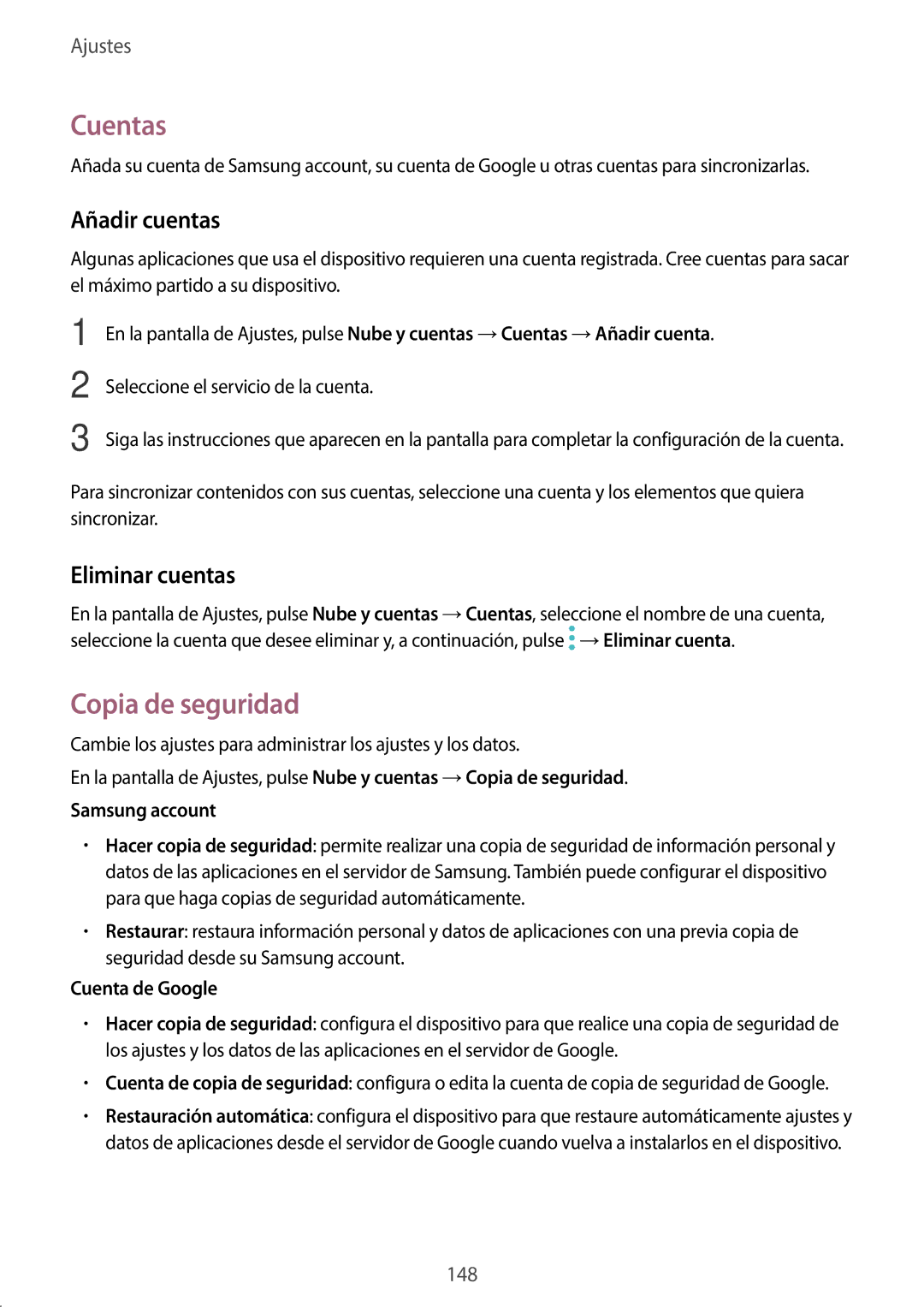 Samsung SM-A520FZDAPHE, SM-A520FZKAPHE, SM-A520FZIAPHE manual Cuentas, Copia de seguridad, Añadir cuentas, Eliminar cuentas 