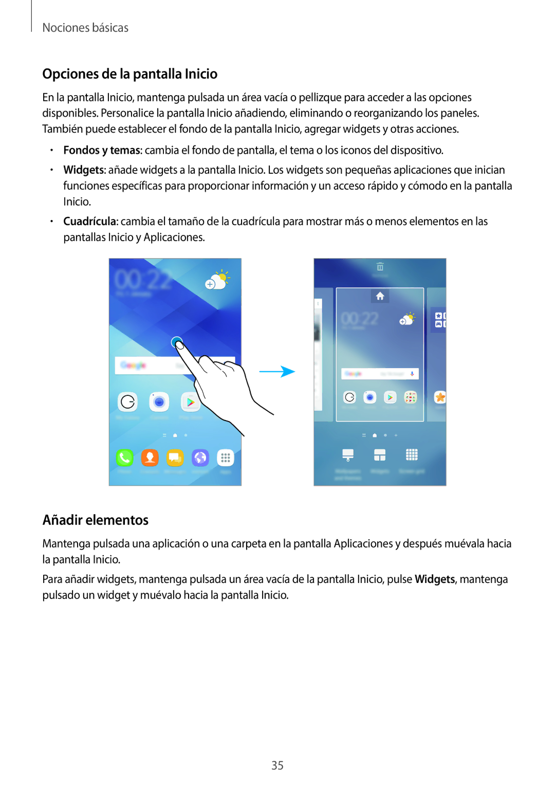 Samsung SM-A520FZBAPHE, SM-A520FZDAPHE, SM-A520FZKAPHE, SM-A520FZIAPHE manual Opciones de la pantalla Inicio, Añadir elementos 