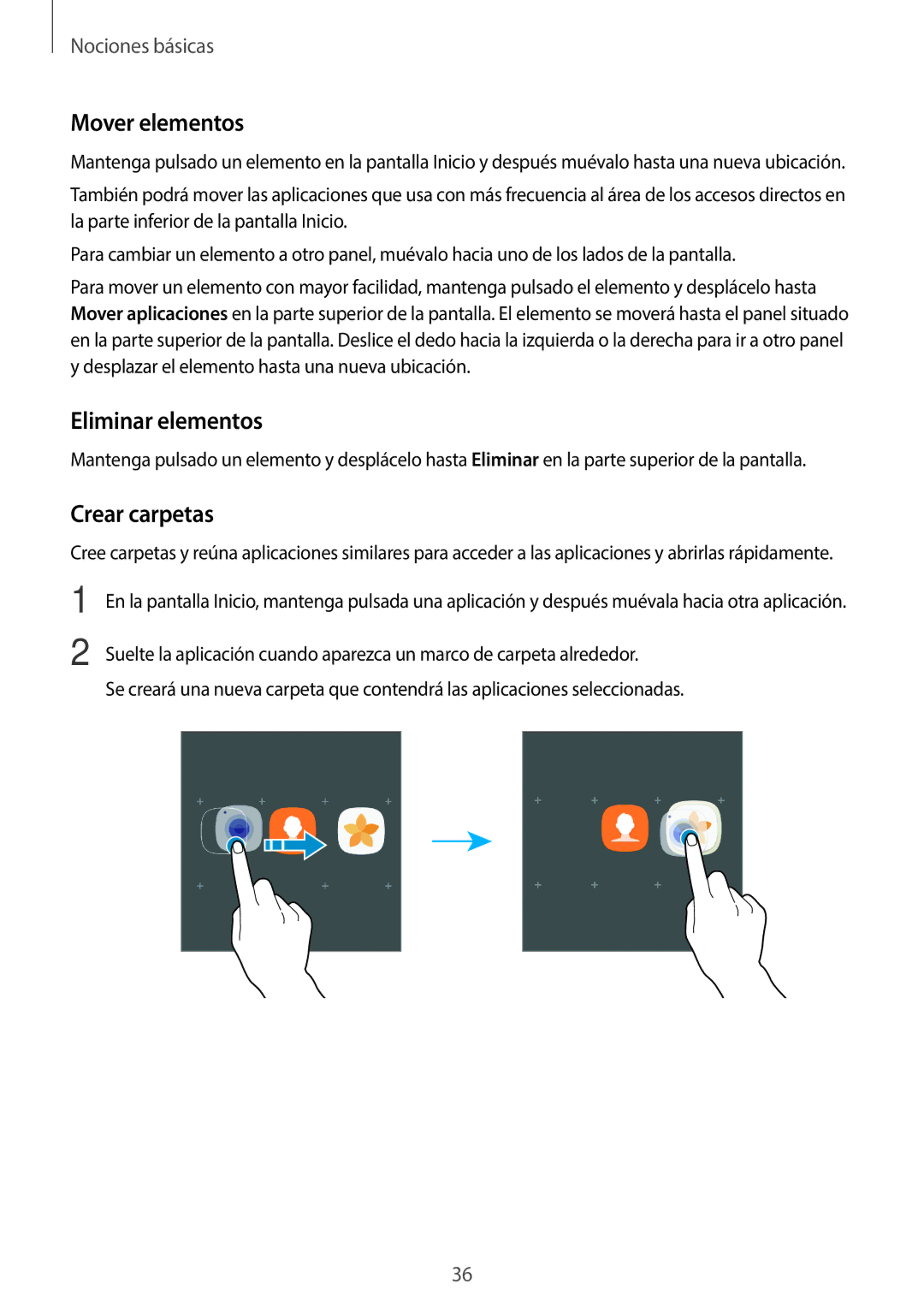 Samsung SM-A520FZDAPHE, SM-A520FZKAPHE, SM-A520FZIAPHE, SM-A520FZBAPHE Mover elementos, Eliminar elementos, Crear carpetas 