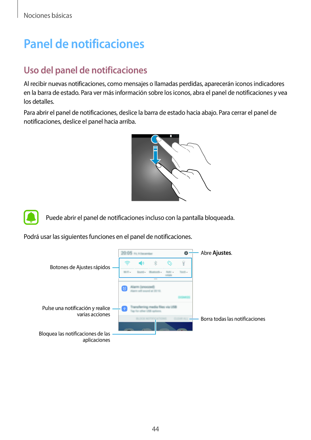 Samsung SM-A520FZDAPHE, SM-A520FZKAPHE, SM-A520FZIAPHE manual Panel de notificaciones, Uso del panel de notificaciones 