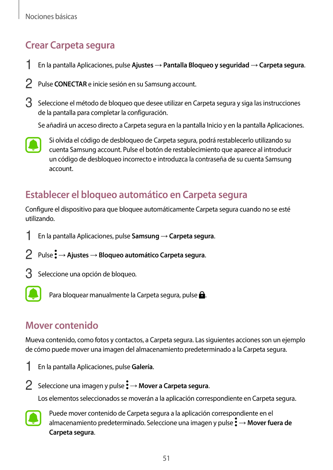 Samsung SM-A520FZBAPHE manual Crear Carpeta segura, Establecer el bloqueo automático en Carpeta segura, Mover contenido 