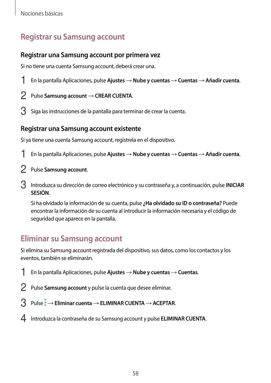 Samsung SM-A520FZIAPHE Registrar su Samsung account, Eliminar su Samsung account, Registrar una Samsung account existente 