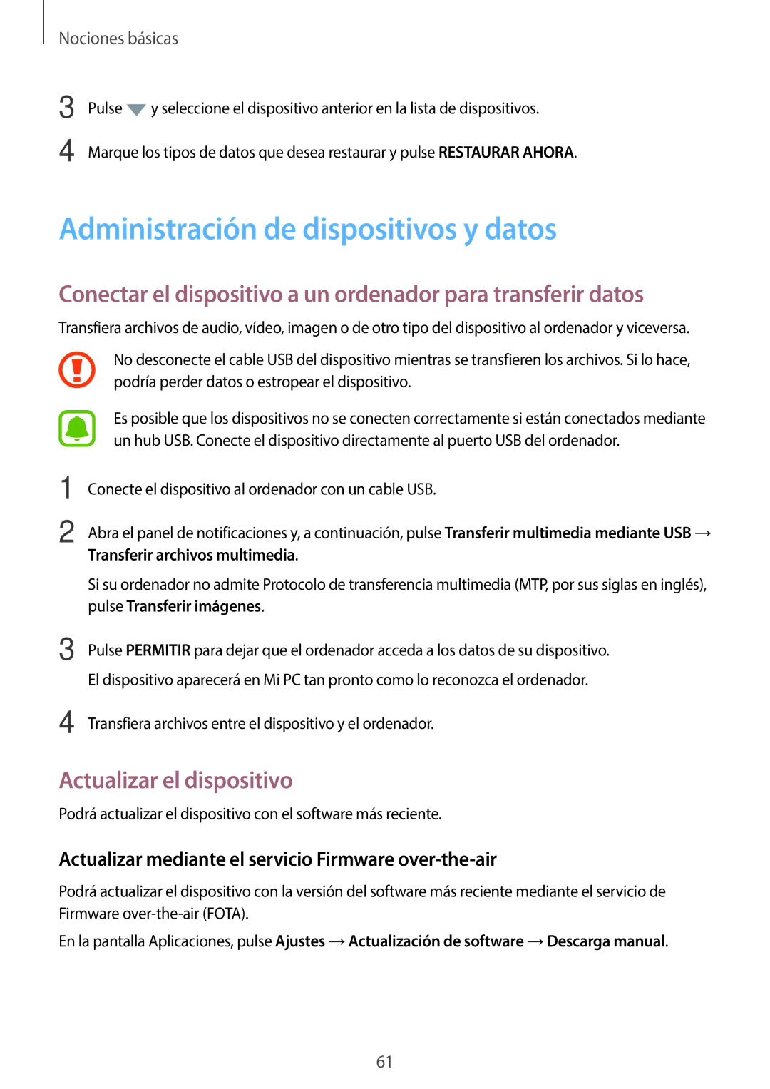 Samsung SM-A520FZKAPHE Administración de dispositivos y datos, Actualizar el dispositivo, Transferir archivos multimedia 