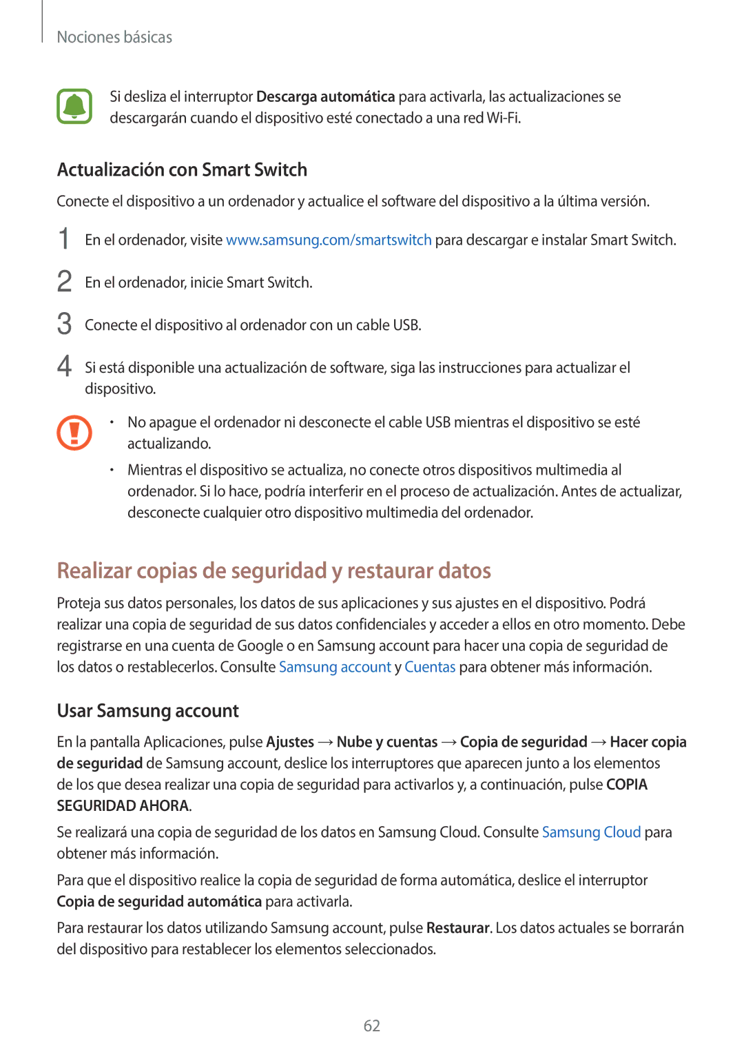 Samsung SM-A520FZIAPHE, SM-A520FZDAPHE manual Realizar copias de seguridad y restaurar datos, Actualización con Smart Switch 