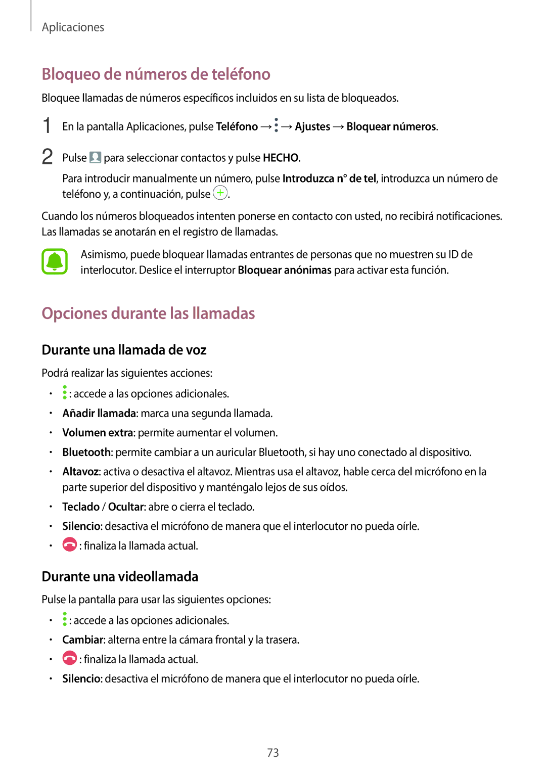 Samsung SM-A520FZKAPHE manual Bloqueo de números de teléfono, Opciones durante las llamadas, Durante una llamada de voz 