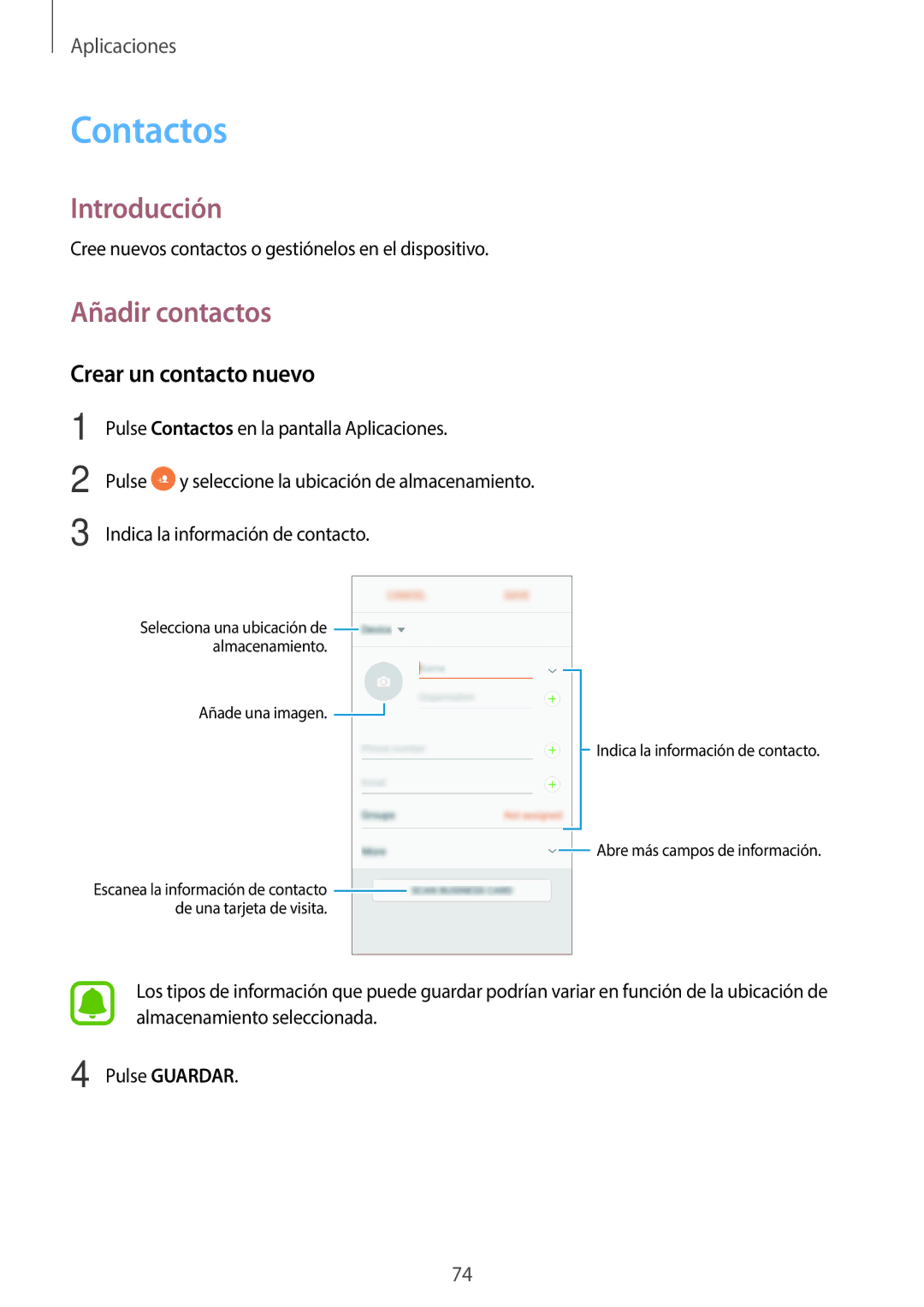 Samsung SM-A520FZIAPHE, SM-A520FZDAPHE, SM-A520FZKAPHE, SM-A520FZBAPHE Contactos, Añadir contactos, Crear un contacto nuevo 