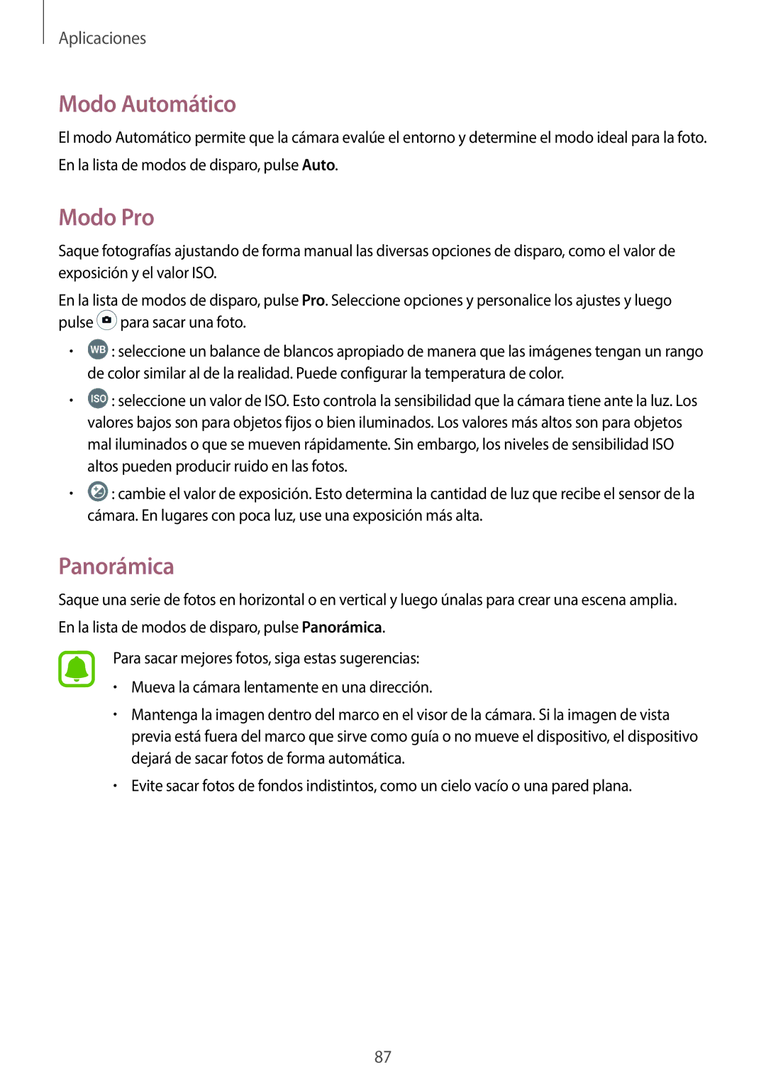 Samsung SM-A520FZBAPHE, SM-A520FZDAPHE, SM-A520FZKAPHE, SM-A520FZIAPHE manual Modo Automático, Modo Pro, Panorámica 