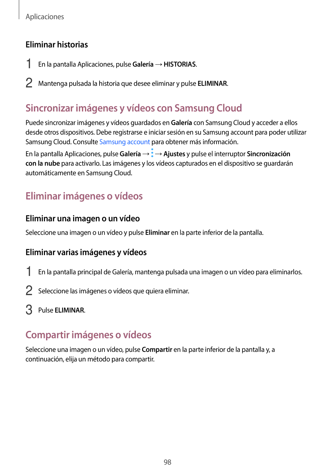 Samsung SM-A520FZIAPHE, SM-A520FZDAPHE manual Sincronizar imágenes y vídeos con Samsung Cloud, Eliminar imágenes o vídeos 