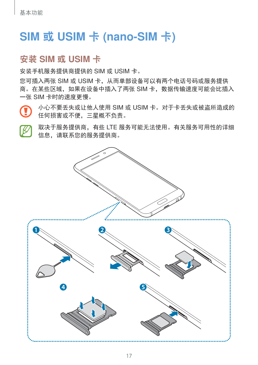 Samsung SM-A520FZKDXXV, SM-A520FZDDXXV, SM-A520FZBDXXV, SM-A520FZIDXXV manual SIM 或 Usim 卡 nano-SIM 卡, 安装 SIM 或 Usim 卡 