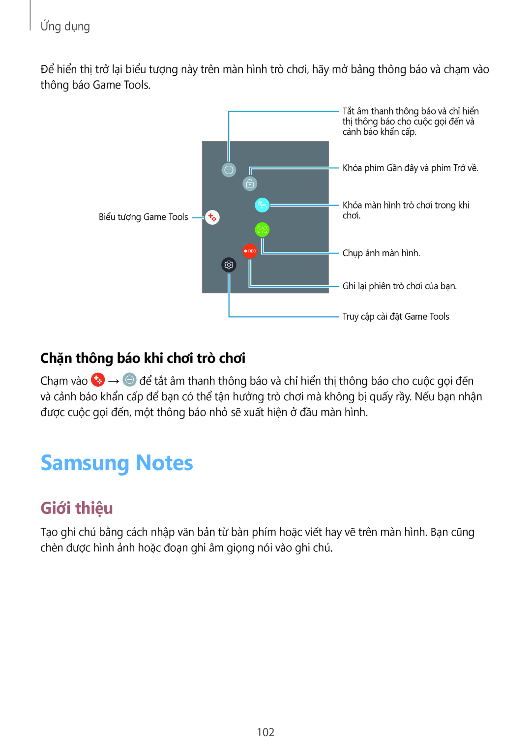 Samsung SM-A720FZKDXXV, SM-A520FZDDXXV, SM-A520FZBDXXV, SM-A520FZIDXXV Samsung Notes, Chặn thông báo khi chơi trò chơi, 102 