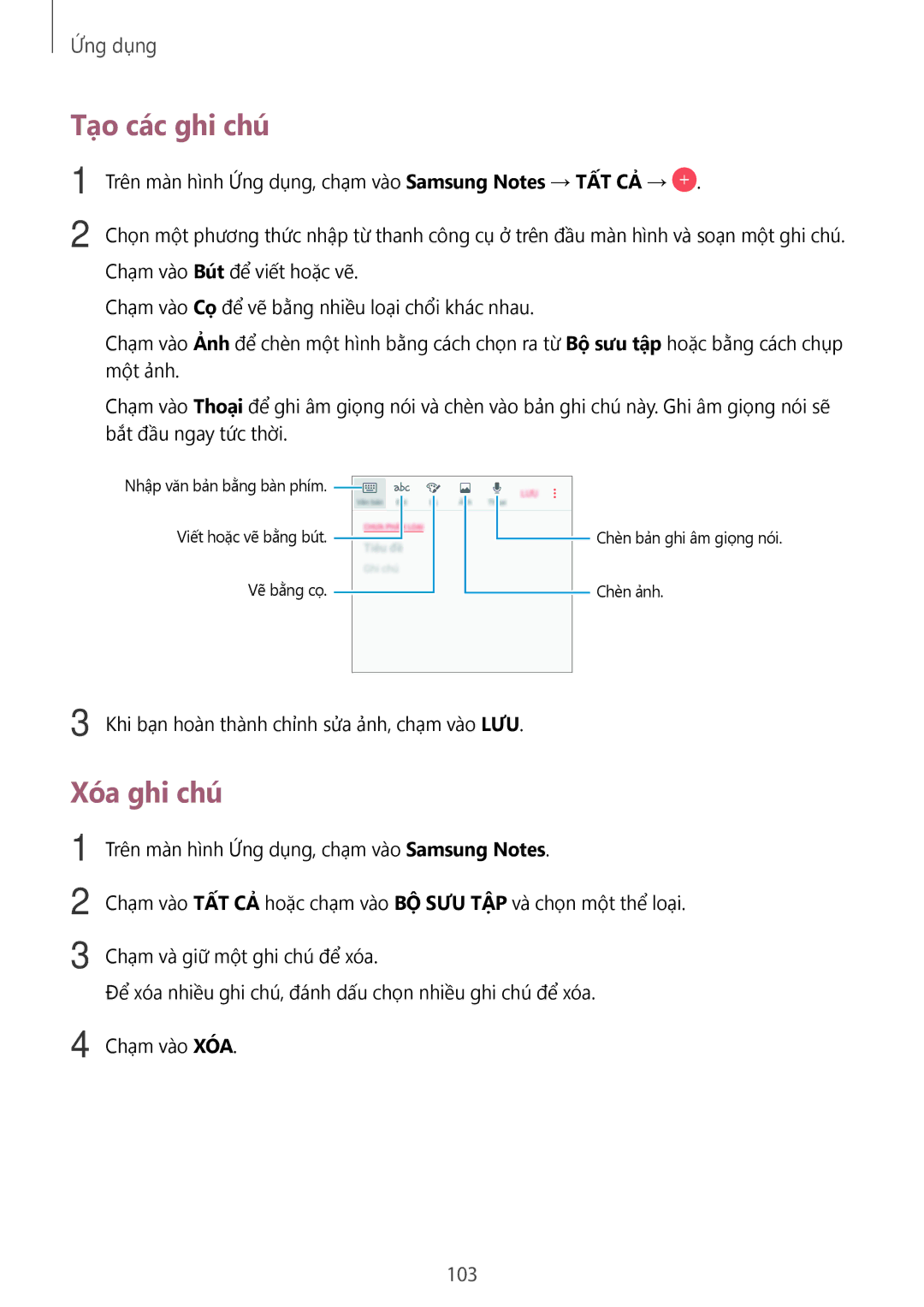 Samsung SM-A720FZDDXXV, SM-A520FZDDXXV, SM-A520FZBDXXV, SM-A520FZIDXXV, SM-A520FZKDXXV manual Tạo các ghi chú, Xóa ghi chú, 103 