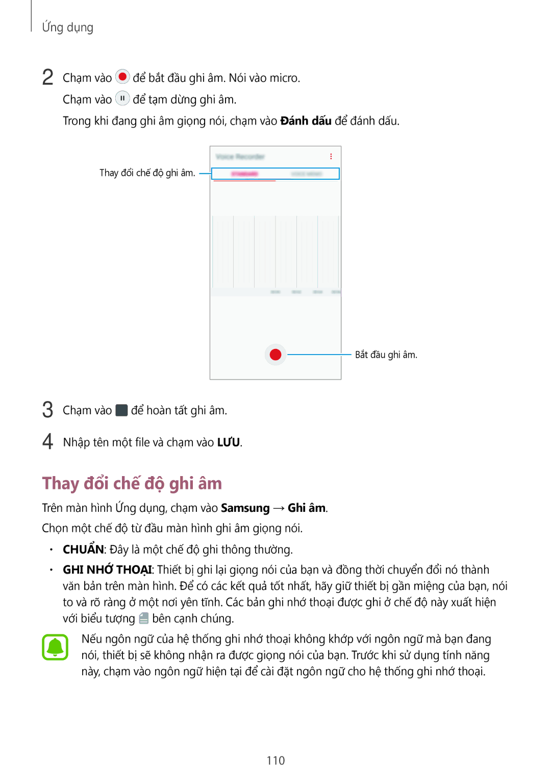 Samsung SM-A720FZDDXXV, SM-A520FZDDXXV, SM-A520FZBDXXV, SM-A520FZIDXXV, SM-A520FZKDXXV manual Thay đổi chế độ ghi âm, 110 