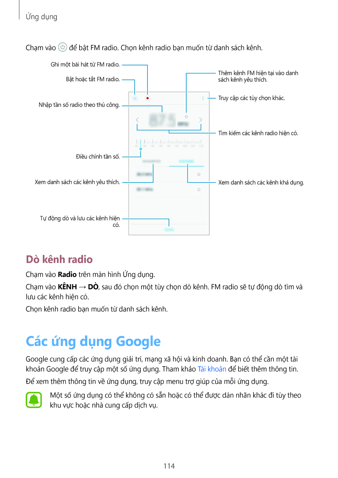 Samsung SM-A520FZIDXXV, SM-A520FZDDXXV, SM-A520FZBDXXV, SM-A520FZKDXXV manual Các ứng dụng Google, Dò kênh radio, 114 