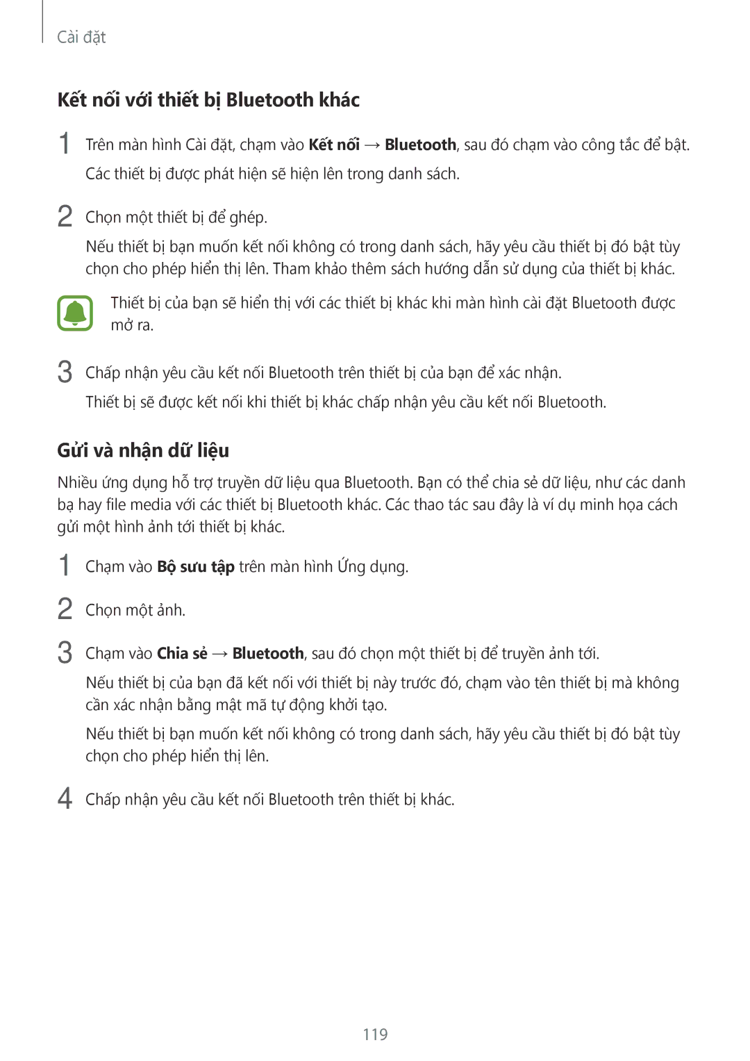 Samsung SM-A520FZDDXXV, SM-A520FZBDXXV, SM-A520FZIDXXV manual Kết nối với thiết bị Bluetooth khác, Gửi và nhận dữ liệu, 119 