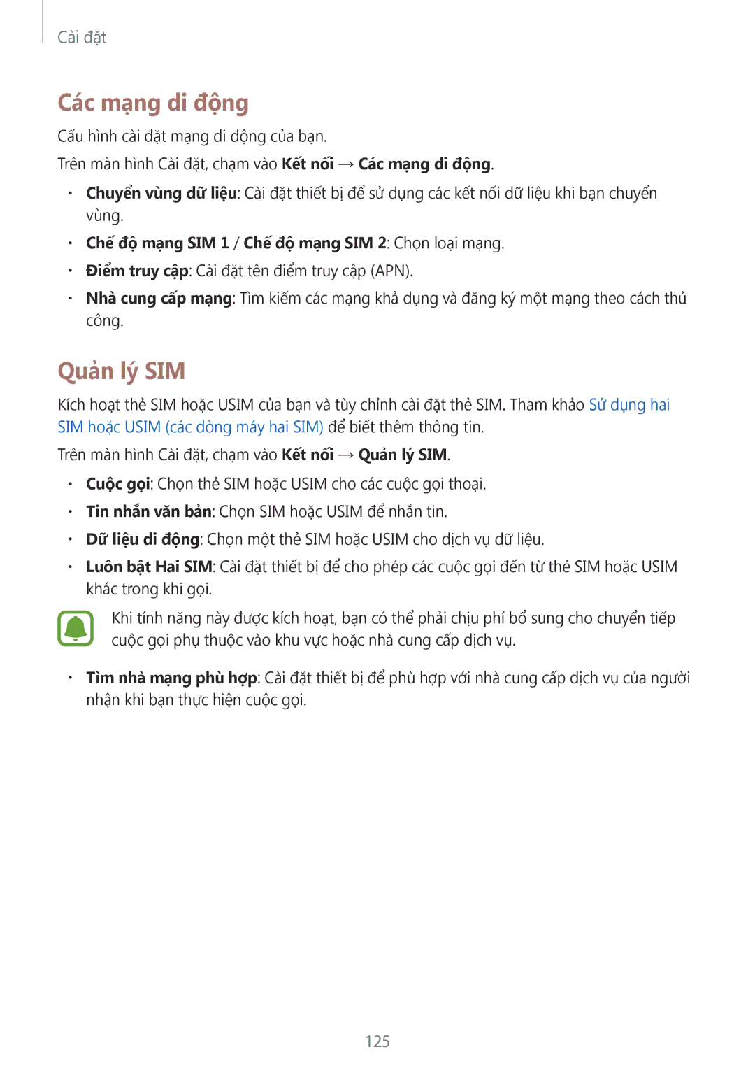 Samsung SM-A720FZIDXXV manual Các mạng di động, Quản lý SIM, 125, Chê đô mang SIM 1 / Chê đô mang SIM 2 Chọn loại mạng 