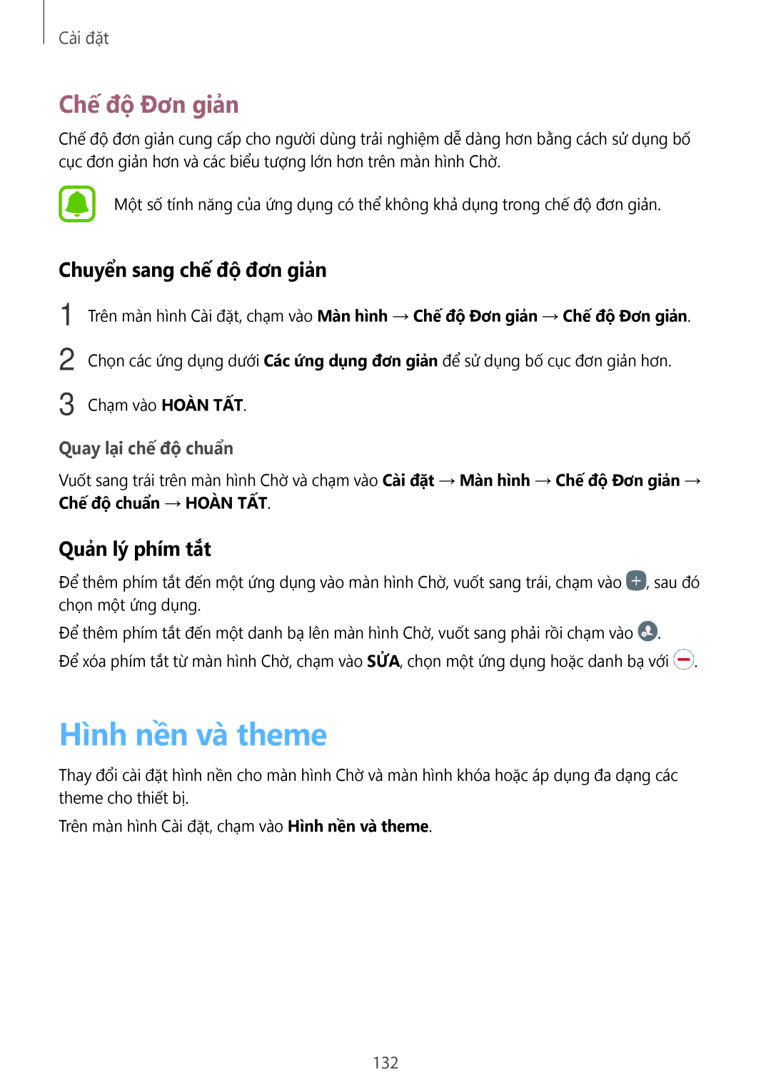 Samsung SM-A720FZIDXXV manual Hình nền và theme, Chế độ Đơn giản, Chuyển sang chế độ đơn giản, Quản lý phím tắt, 132 