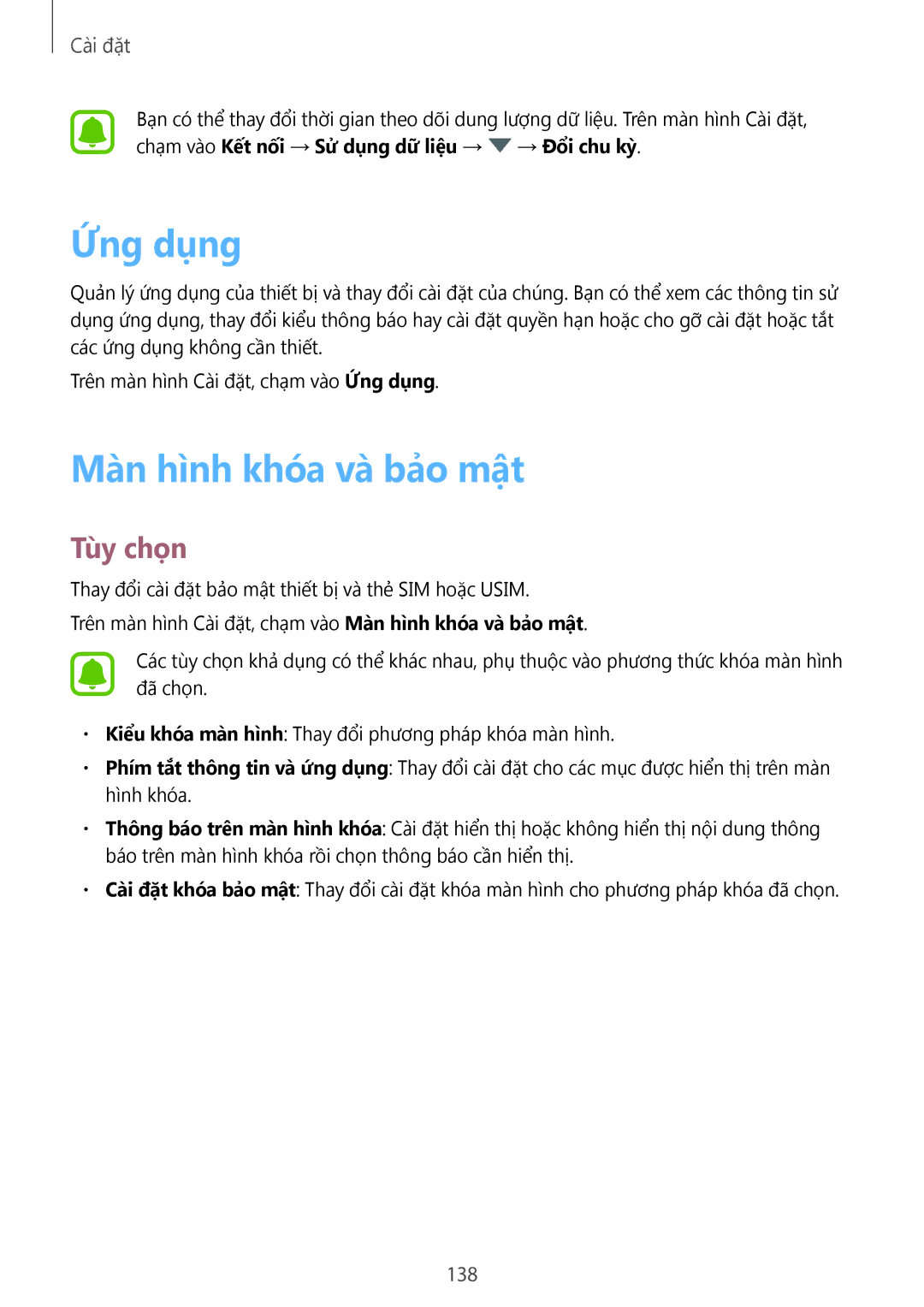 Samsung SM-A720FZDDXXV, SM-A520FZDDXXV, SM-A520FZBDXXV, SM-A520FZIDXXV manual Ứng dụng, Màn hình khóa và bảo mật, 138 