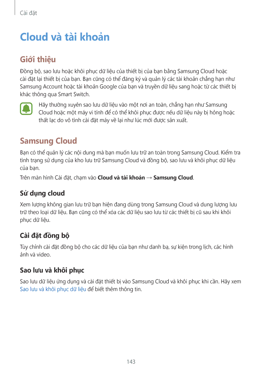 Samsung SM-A520FZKDXXV manual Cloud và tài khoản, Samsung Cloud, Sử dụng cloud, Cai đăt đồng bộ, Sao lưu và khôi phục 