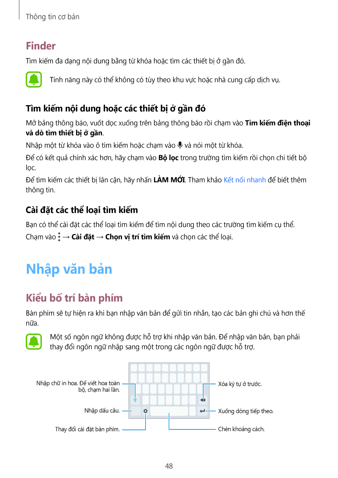 Samsung SM-A720FZIDXXV manual Nhập văn bản, Finder, Kiểu bố trí bàn phím, Tìm kiếm nội dung hoặc các thiết bị ở gần đó 