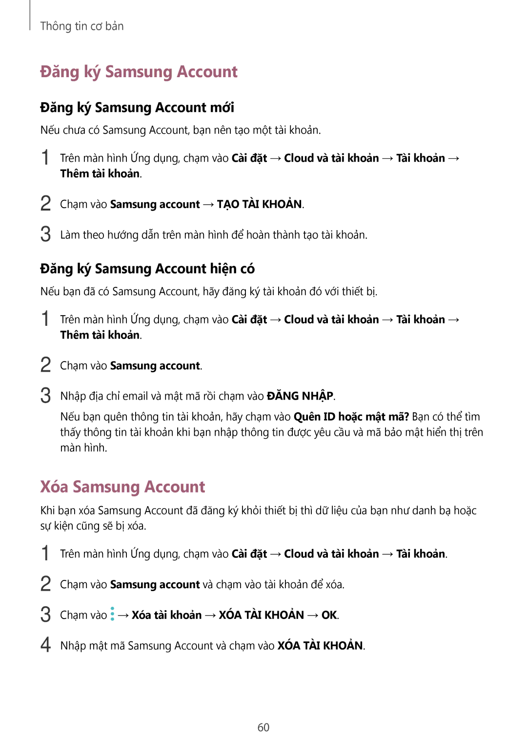 Samsung SM-A720FZKDXXV manual Xóa Samsung Account, Đăng ký Samsung Account mới, Đăng ký Samsung Account hiện có 