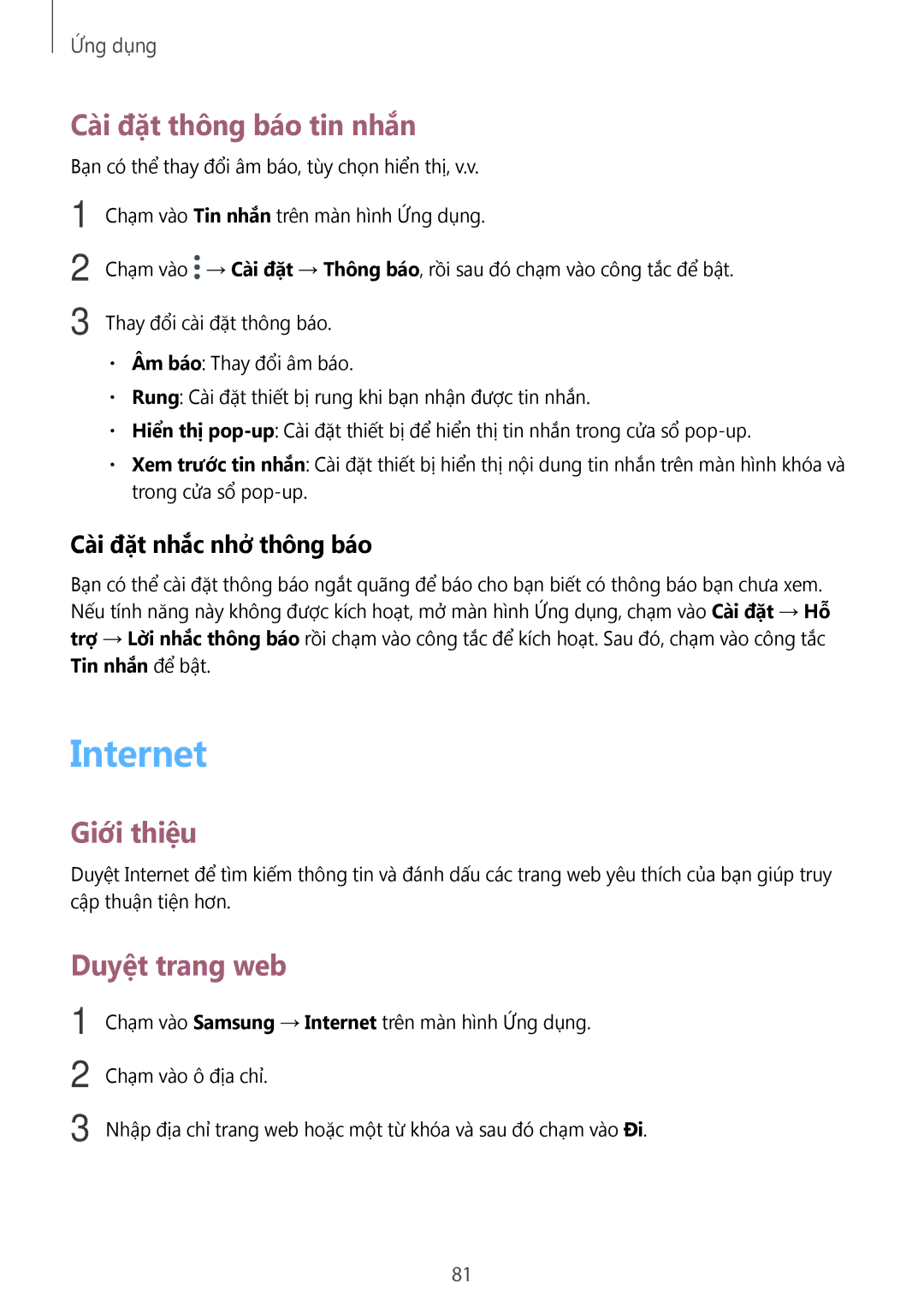 Samsung SM-A720FZKDXXV, SM-A520FZDDXXV Internet, Cài đặt thông báo tin nhắn, Duyệt trang web, Cài đặt nhắc nhở thông báo 
