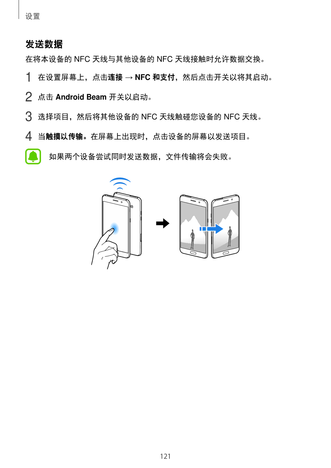 Samsung SM-A520FZIDXXV, SM-A520FZDDXXV, SM-A520FZBDXXV, SM-A520FZKDXXV, SM-A720FZKDXXV manual 发送数据, 点击 Android Beam 开关以启动。 