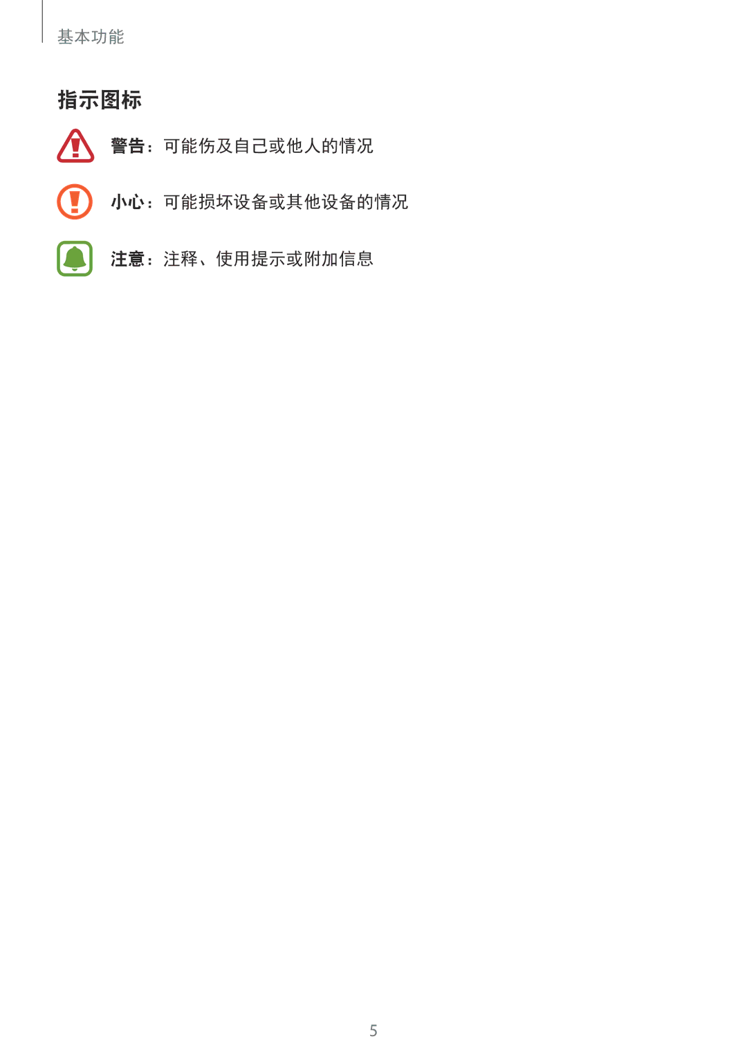 Samsung SM-A720FZDDXXV, SM-A520FZDDXXV, SM-A520FZBDXXV manual 指示图标, 警告：可能伤及自己或他人的情况 小心：可能损坏设备或其他设备的情况 注意：注释、使用提示或附加信息 